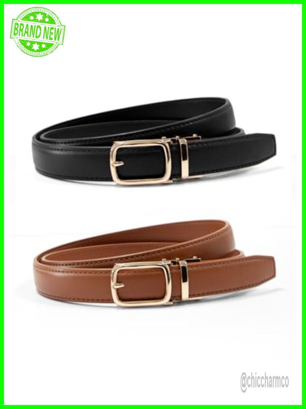 Skinny Ratchet Faux Leather Belt 2 Pack Women's Slim Adjustable Buckle